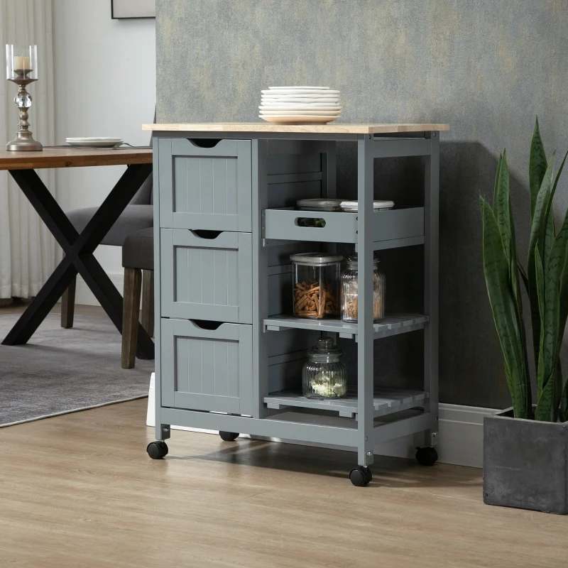 HOMCOM Compact Bar Serving Cart, Compact Trolley with Wood Top & Drawers, Gray