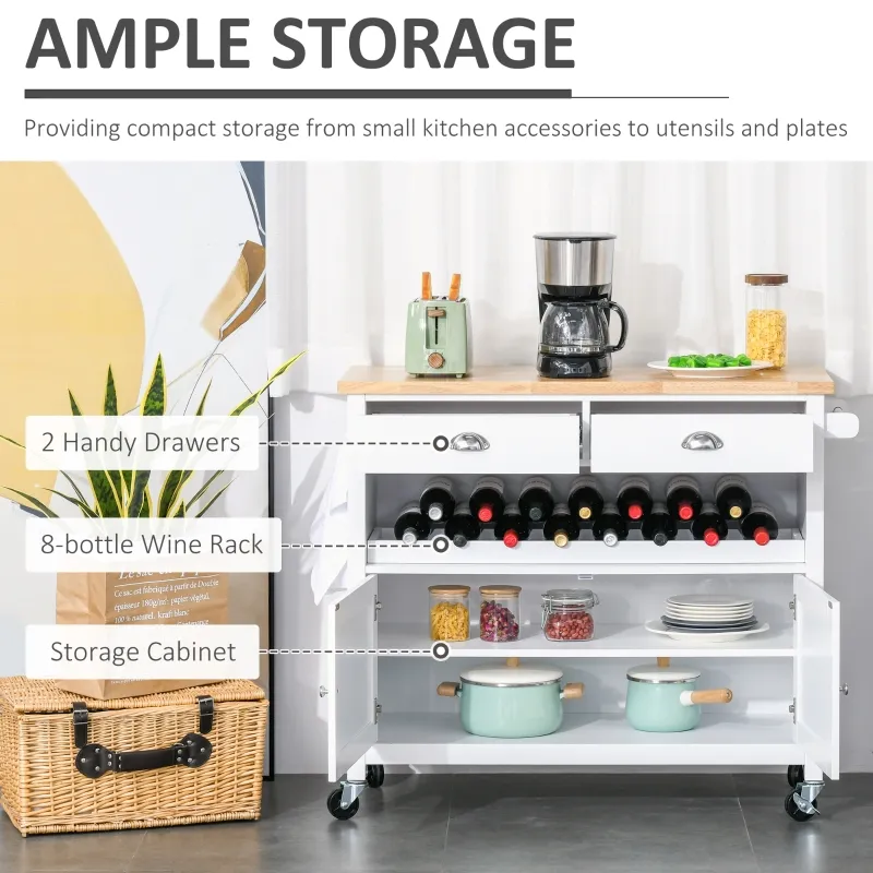 HOMCOM Rolling Kitchen Island Cart, Trolley Cart with Wine Rack, Rubberwood Top, Drawer and Hook, White