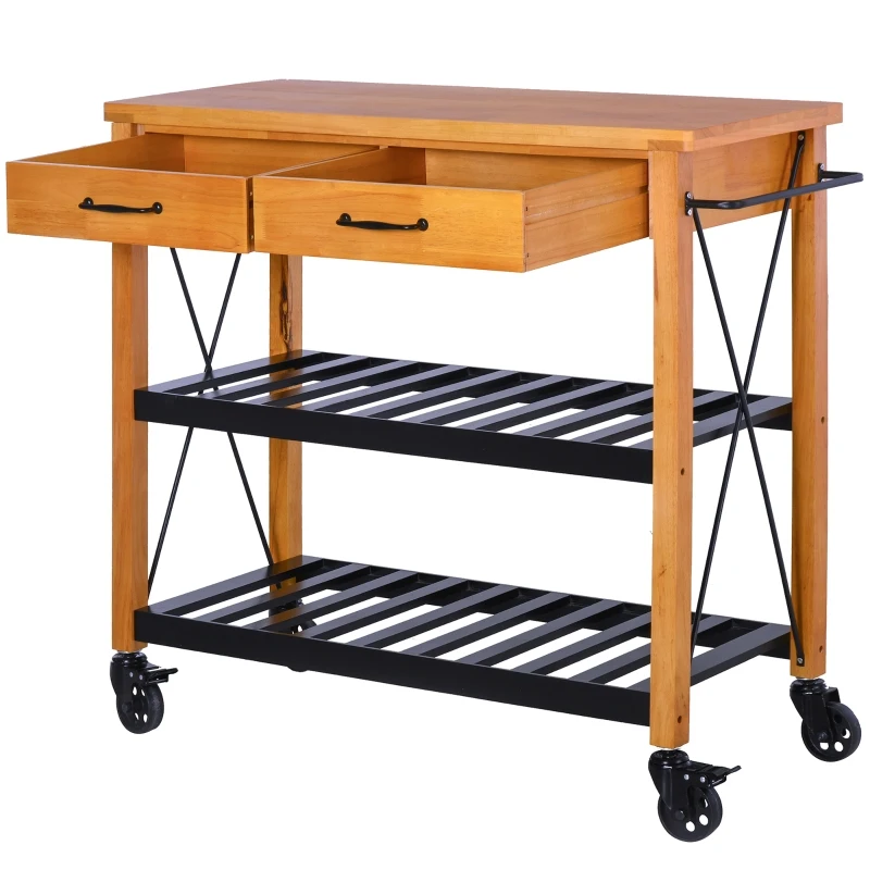 HOMCOM 46" Kitchen Island Cart Rolling Utility Cart with 2 Drawers, Open Storage Shelves & Handle Racks