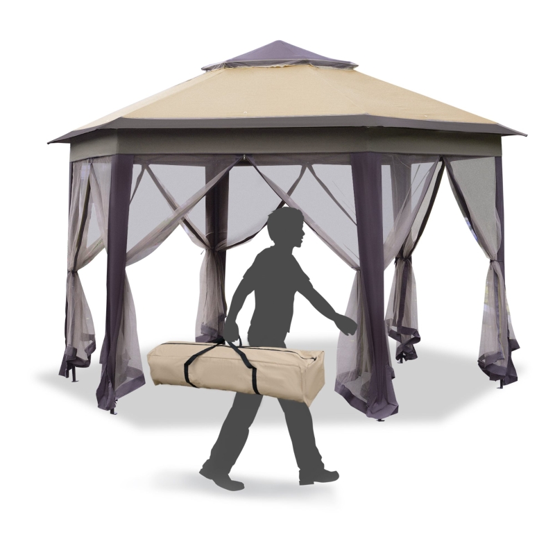 Outsunny 13' Pop Up Patio Gazebo Steel Fabric Hexagonal with Mesh Sidewalls - Coffee and Beige
