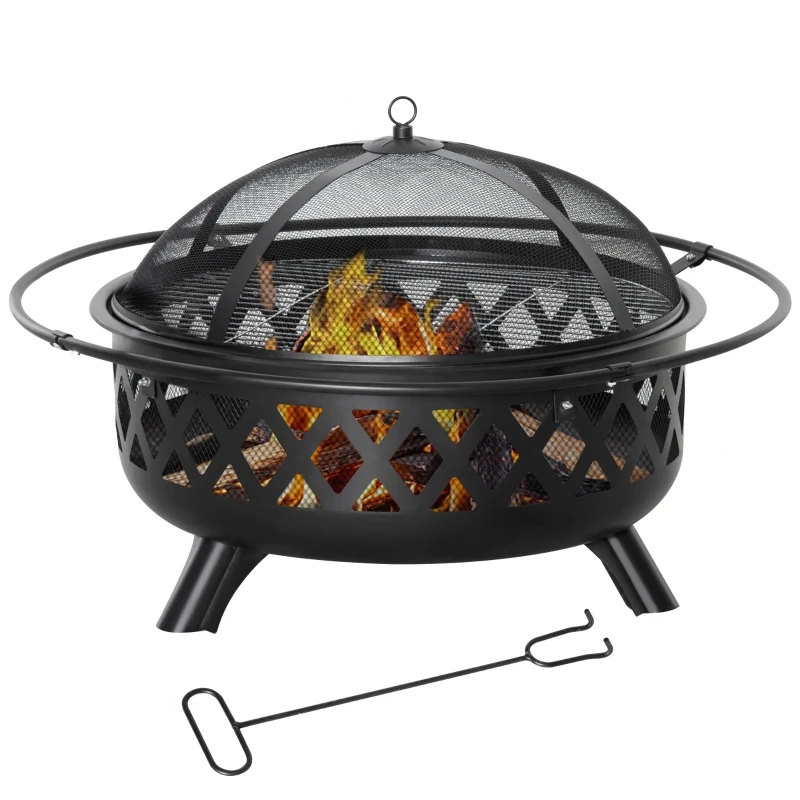Outsunny 2-in-1 Outdoor Fire Pit with BBQ Cooking Grill, Round Firepit Bowl with Spark Screen Cover, Poker for Backyard Bonfire