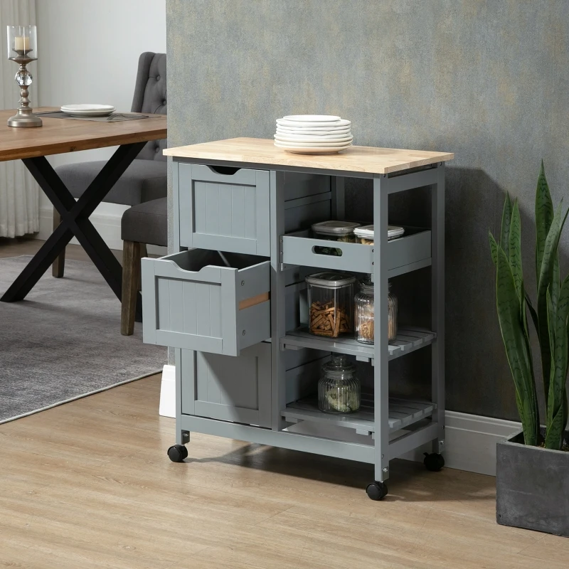 HOMCOM Compact Bar Serving Cart, Compact Trolley with Wood Top & Drawers, Gray