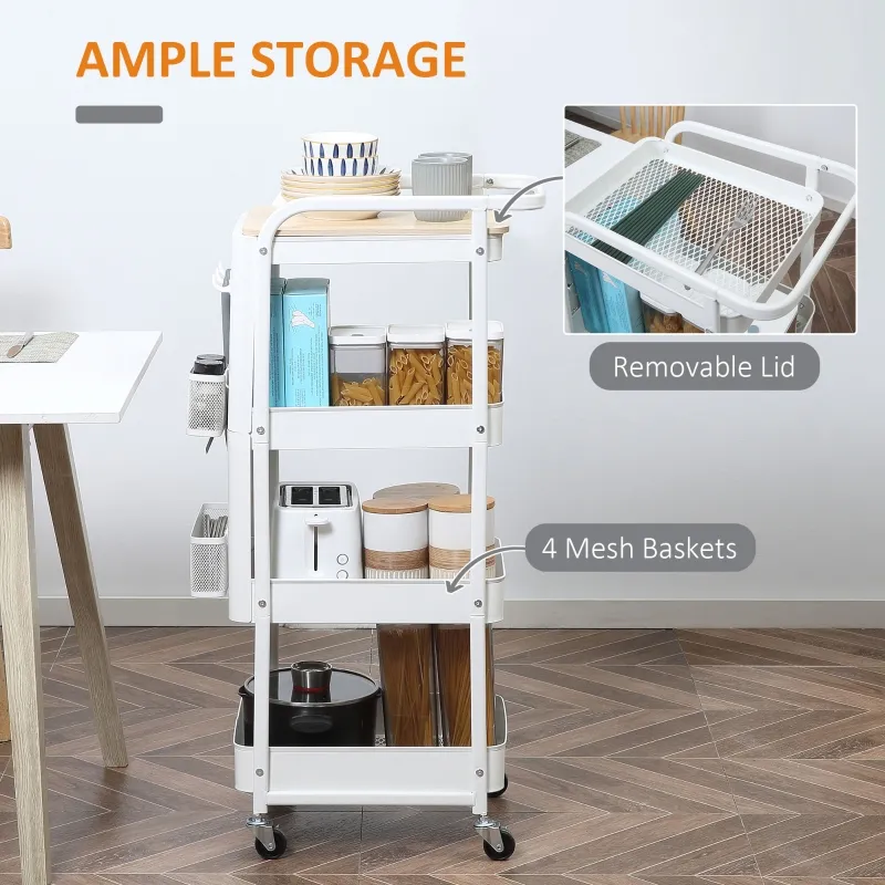 HOMCOM 4-Tier Rolling Metal Storage Cart, Utility Serving Cart with DIY Steel Pegboards & Lid for Kitchen, Home Office, White