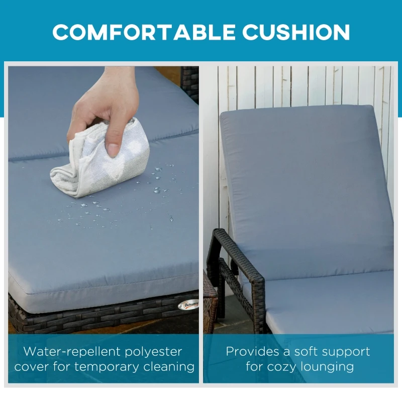 Outsunny Wicker Chaise Lounger PE Rattan Outdoor Lounge Chair Garden Chair Recliner with 5-Level Adjustable Backrest and 2 Wheels, Grey