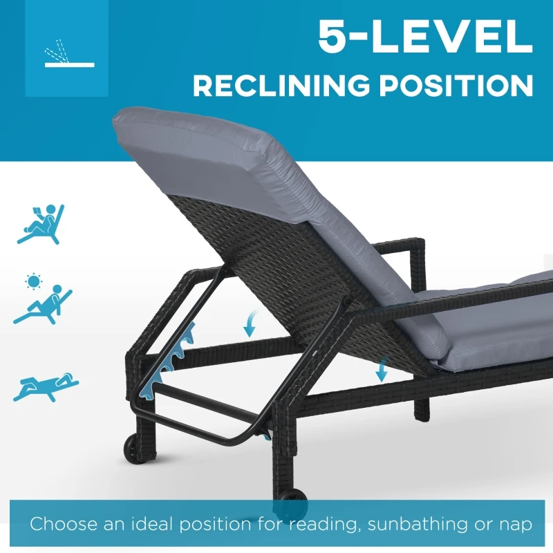 Outsunny Wicker Chaise Lounger PE Rattan Outdoor Lounge Chair Garden Chair Recliner with 5-Level Adjustable Backrest and 2 Wheels, Grey
