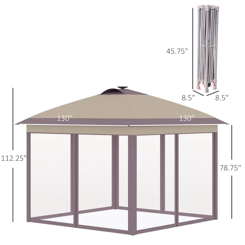 Outsunny 11' x 11' Pop Up Gazebo, Instant Canopy Tent with Solar LED Light, Remote Control, Netting and Carrying Bag for Backyard Garden Patio, Beige
