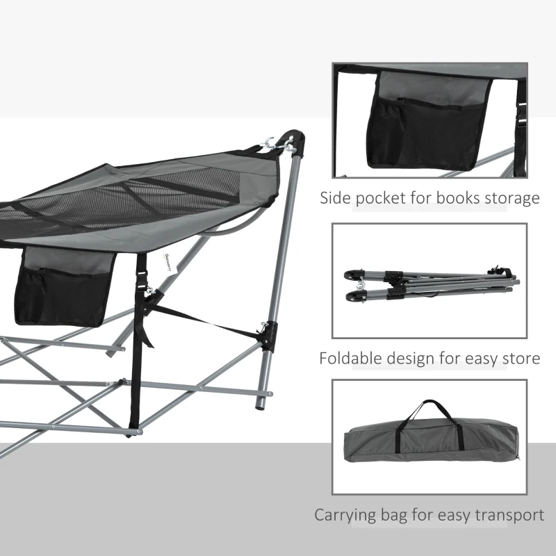 Outsunny Foldable Outdoor Hammock with Stand, Portable Hammock Bed with Carrying Bag and Pocket for Travel, Beach, Backyard, Patio, Hiking, Dark Grey