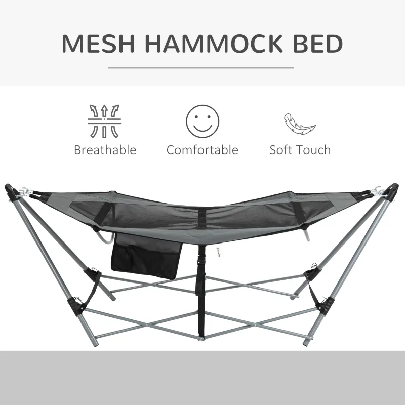 Outsunny Foldable Outdoor Hammock with Stand, Portable Hammock Bed with Carrying Bag and Pocket for Travel, Beach, Backyard, Patio, Hiking, Dark Grey