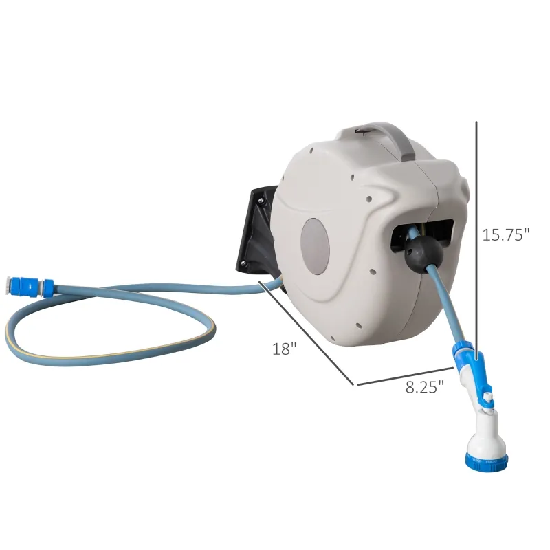 Outsunny Retractable Hose Reel 5/8" x 66ft w/ 8 Pattern Nozzle, Any Length Lock, Auto Rewind Slow Return System and 180° Swivel Wall Mounted Bracket