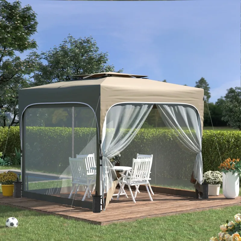 Outsunny 10' x 10' Pop Up Canopy Tent with Netting, Instant Gazebo Shelter, Height Adjustable, with Carry Bag and 4 Sand Bags, 100 Square Feet of Shade, Khaki