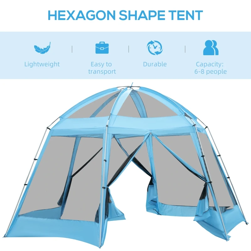 Outsunny 16.1' Hexagon Shape Screen House, Canopy Shelter Gazebo Camping Outdoor Instant Setup Mesh Tent Fits 6-8 People w/ Carry Bag & Ground Stakes, Blue