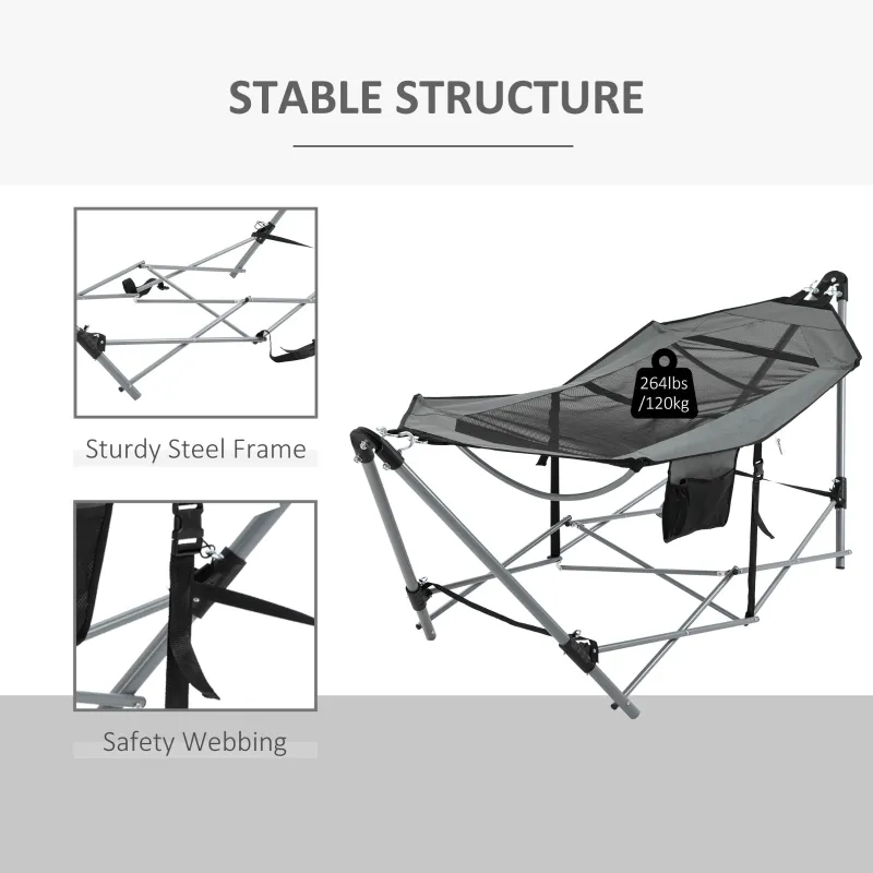 Outsunny Foldable Outdoor Hammock with Stand, Portable Hammock Bed with Carrying Bag and Pocket for Travel, Beach, Backyard, Patio, Hiking, Dark Grey