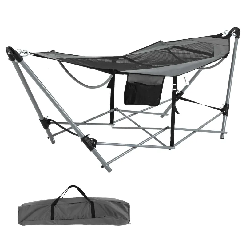Outsunny Foldable Outdoor Hammock with Stand, Portable Hammock Bed with Carrying Bag and Pocket for Travel, Beach, Backyard, Patio, Hiking, Dark Grey