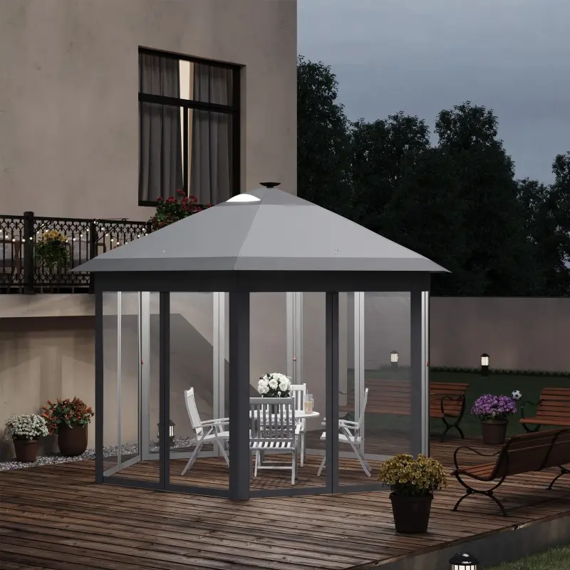 Outsunny Pop Up Gazebo Tent Height Adjustable Canopy w/ Solar LED Light and Mesh Netting, Grey