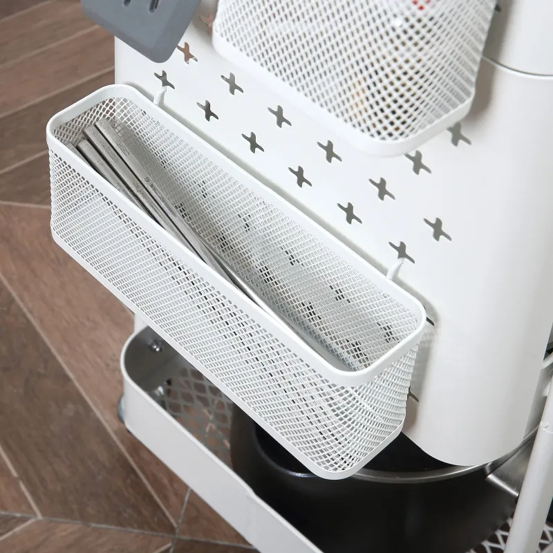 HOMCOM 4-Tier Rolling Metal Storage Cart, Utility Serving Cart with DIY Steel Pegboards & Lid for Kitchen, Home Office, White