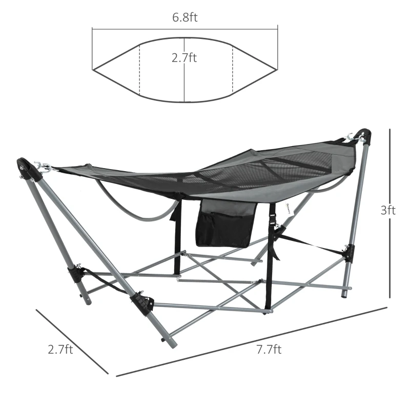 Outsunny Foldable Outdoor Hammock with Stand, Portable Hammock Bed with Carrying Bag and Pocket for Travel, Beach, Backyard, Patio, Hiking, Dark Grey