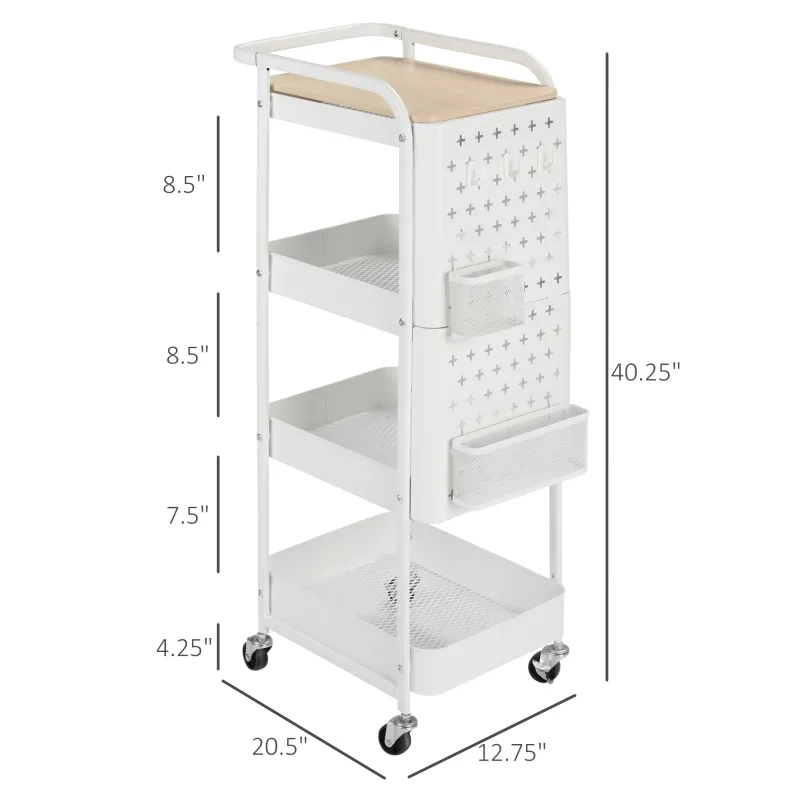 HOMCOM 4-Tier Rolling Metal Storage Cart, Utility Serving Cart with DIY Steel Pegboards & Lid for Kitchen, Home Office, White