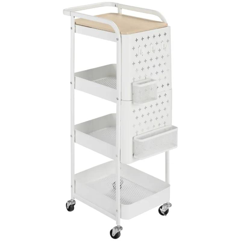HOMCOM 4-Tier Rolling Metal Storage Cart, Utility Serving Cart with DIY Steel Pegboards & Lid for Kitchen, Home Office, White