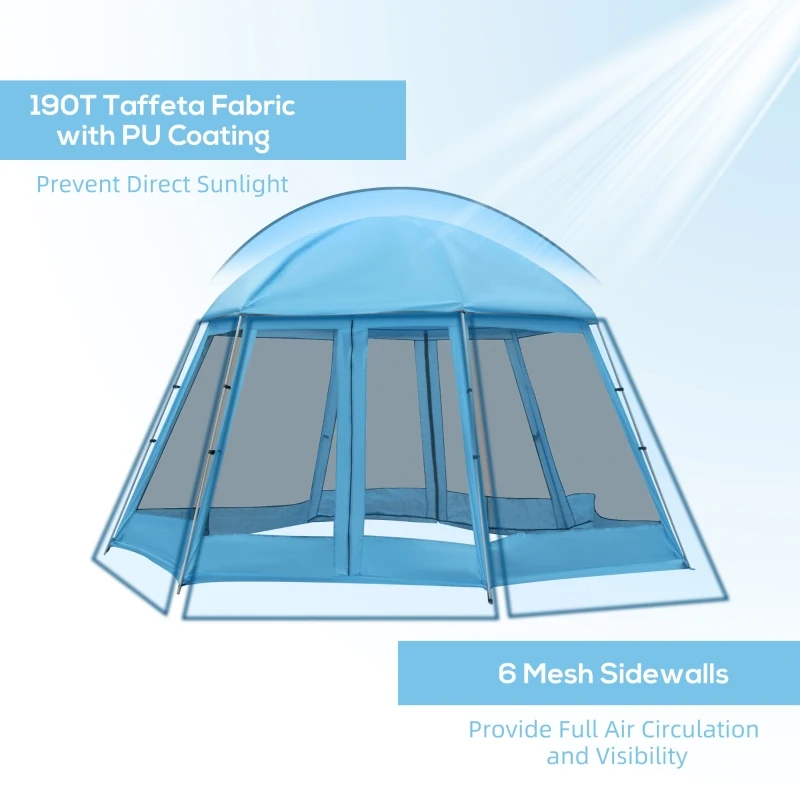Outsunny 16.1' Hexagon Shape Screen House, Canopy Shelter Gazebo Camping Outdoor Instant Setup Mesh Tent Fits 6-8 People w/ Carry Bag & Ground Stakes, Blue