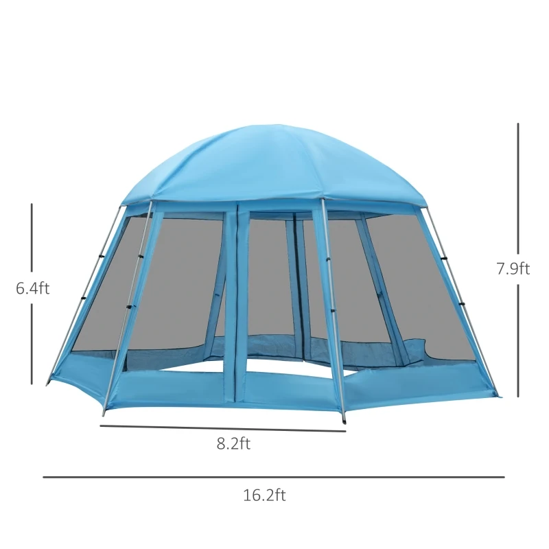 Outsunny 16.1' Hexagon Shape Screen House, Canopy Shelter Gazebo Camping Outdoor Instant Setup Mesh Tent Fits 6-8 People w/ Carry Bag & Ground Stakes, Blue