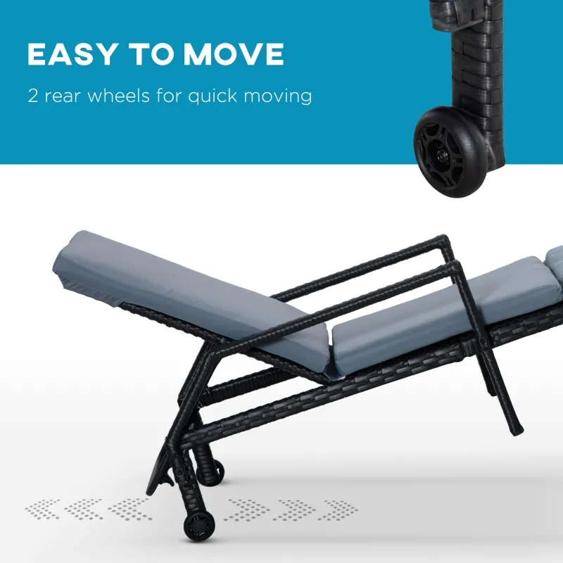 Outsunny Wicker Chaise Lounger PE Rattan Outdoor Lounge Chair Garden Chair Recliner with 5-Level Adjustable Backrest and 2 Wheels, Grey