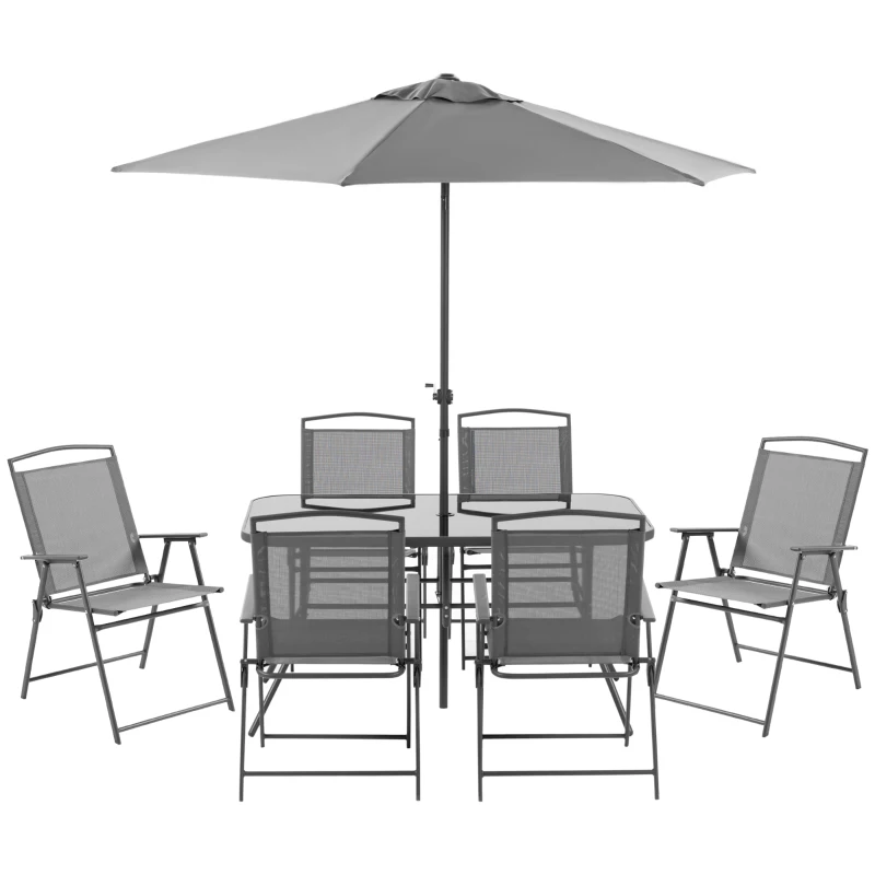 Outsunny 8 Piece Patio Dining Set with Table Umbrella, 6 Folding Chairs and Rectangle Dining Table, Outdoor Patio Furniture Set, Grey
