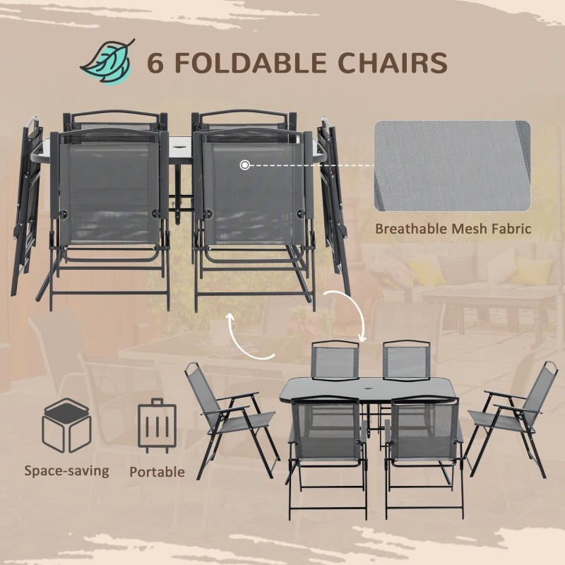 Outsunny 8 Piece Patio Dining Set with Table Umbrella, 6 Folding Chairs and Rectangle Dining Table, Outdoor Patio Furniture Set, Grey