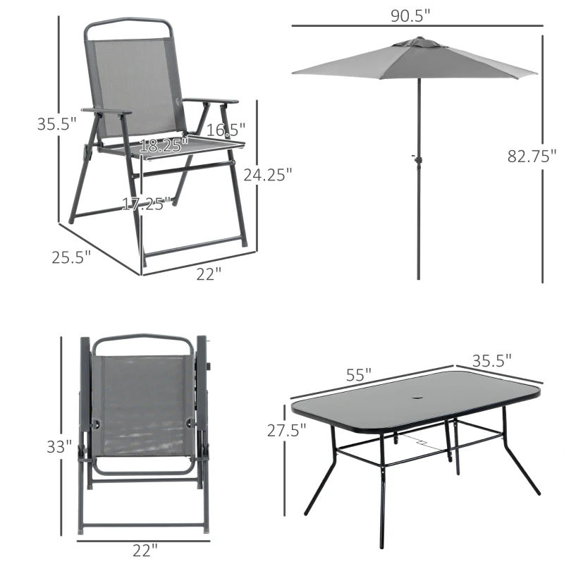 Outsunny 8 Piece Patio Dining Set with Table Umbrella, 6 Folding Chairs and Rectangle Dining Table, Outdoor Patio Furniture Set, Grey