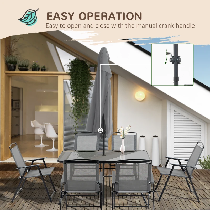 Outsunny 8 Piece Patio Dining Set with Table Umbrella, 6 Folding Chairs and Rectangle Dining Table, Outdoor Patio Furniture Set, Grey