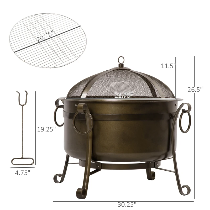 Outsunny 30" Outdoor Fire Pit Grill, Portable Steel Wood Burning Bowl, Cooking Grate, Poker, Spark Screen Lid for Patio, Backyard, BBQ, Camping, Bronze Colored