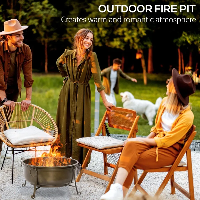 Outsunny Outdoor Fire Pit with Grill Cooking Grate, Cover, Fire Poker for Patio
