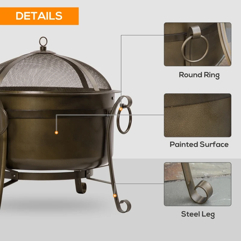 Outsunny 30" Outdoor Fire Pit Grill, Portable Steel Wood Burning Bowl, Cooking Grate, Poker, Spark Screen Lid for Patio, Backyard, BBQ, Camping, Bronze Colored