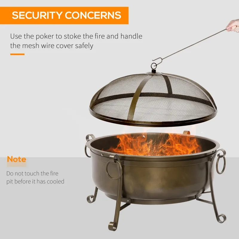 Outsunny Outdoor Fire Pit with Grill Cooking Grate, Cover, Fire Poker for Patio
