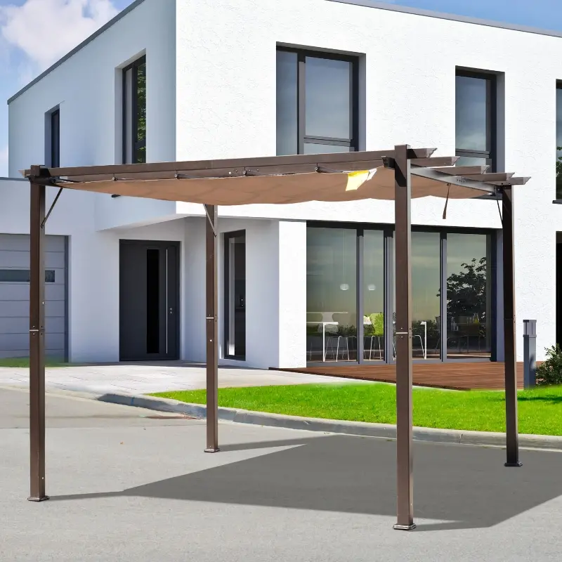 Outsunny 10' x 10' Outdoor Pergola Aluminum Gazebo w/ Retractable Canopy for Patio, Backyard, Party, Brown