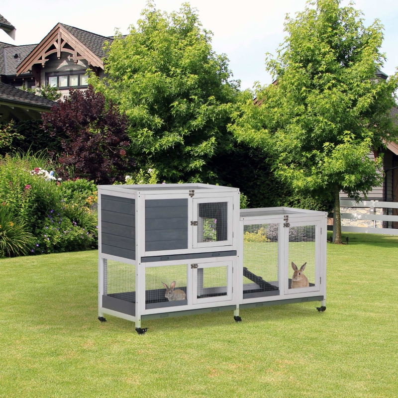PawHut Wooden Rabbit Hutch Elevated Pet House Bunny Cage Small Animal Habitat with Slide-out Tray Lockable Door Openable Top for Indoor 57.75" x 18" x 34.75" Grey