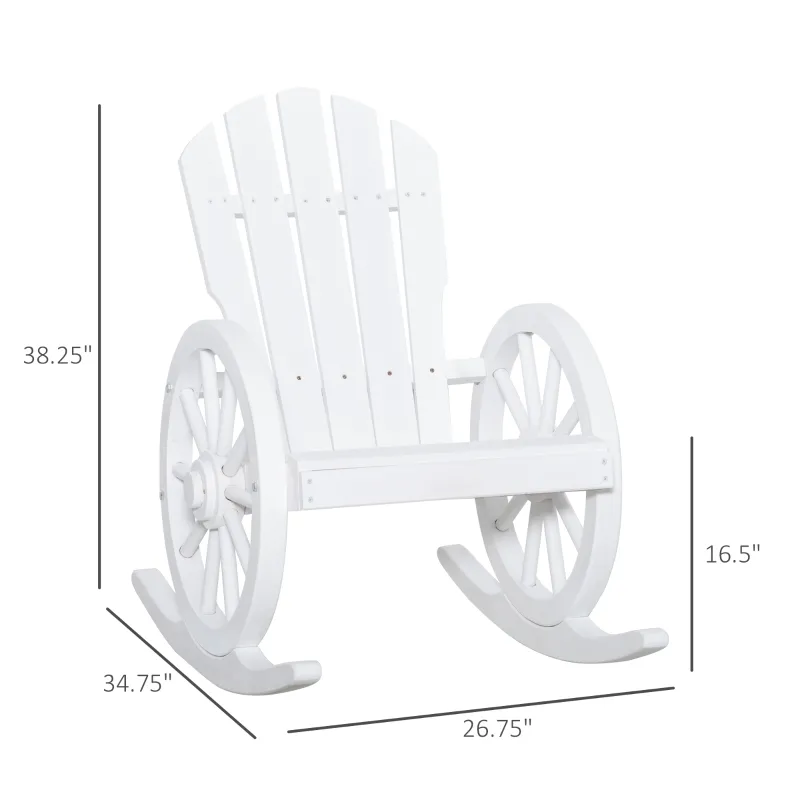 Outsunny Patio Wooden Adirondack Rocking Chair, Wagon Outdoor Rocker Cahir with Slatted Design and Wheel Armrests for Porch, Poolside, or Garden Lounging, White