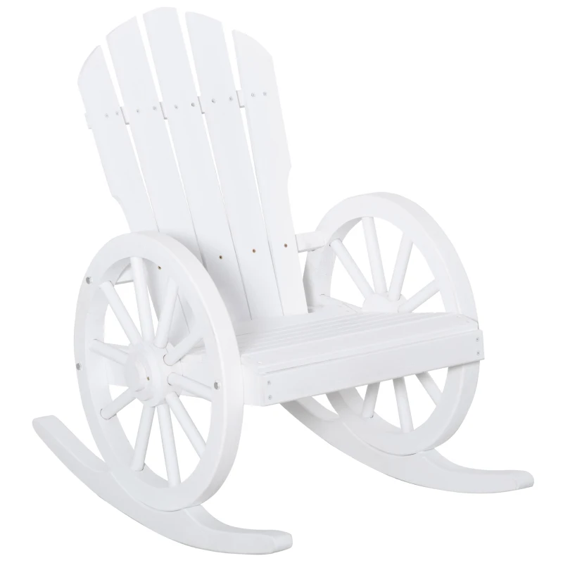 Outsunny Patio Wooden Adirondack Rocking Chair, Wagon Outdoor Rocker Cahir with Slatted Design and Wheel Armrests for Porch, Poolside, or Garden Lounging, White
