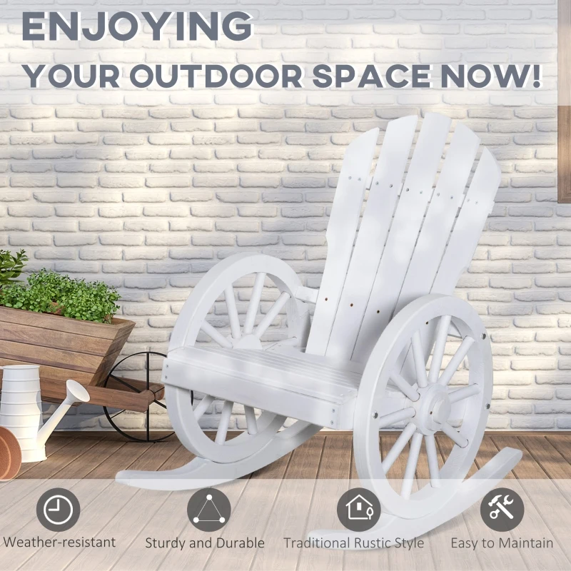 Outsunny Patio Wooden Adirondack Rocking Chair, Wagon Outdoor Rocker Cahir with Slatted Design and Wheel Armrests for Porch, Poolside, or Garden Lounging, White