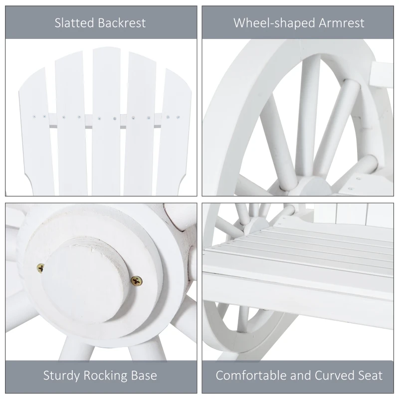 Outsunny Patio Wooden Adirondack Rocking Chair, Wagon Outdoor Rocker Cahir with Slatted Design and Wheel Armrests for Porch, Poolside, or Garden Lounging, White