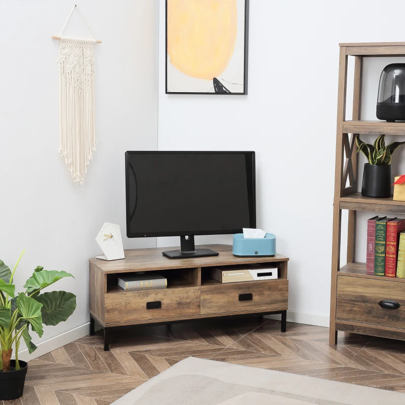 HOMCOM Corner TV Stand for TV up to 46", Entertainment Center with Open Storage and Drawers, TV Table with Steel Legs, Coffee