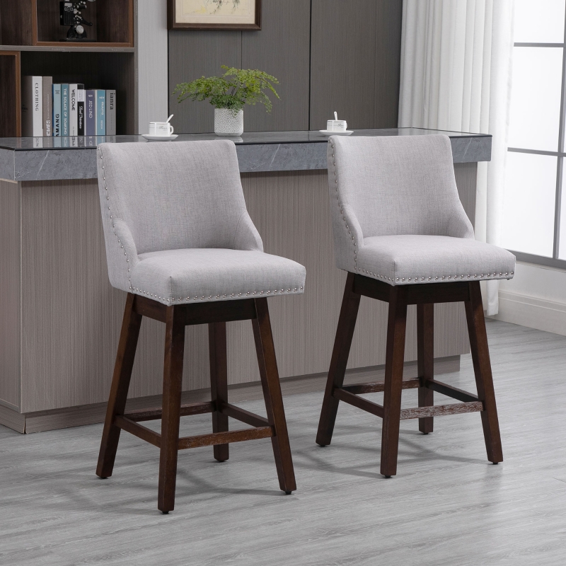 HOMCOM Swivel Bar stool Set of 2 Armless Upholstered Bar Chairs with Nailhead-Trim, Wood Legs, Light Grey