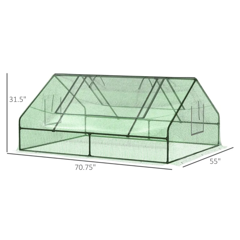 Outsunny 71" x 55" x 32" Mini Tunnel Greenhouse, Garden Planting Shed, Outdoor Flower Planter Warm House with Zipper Windows and Door, Green