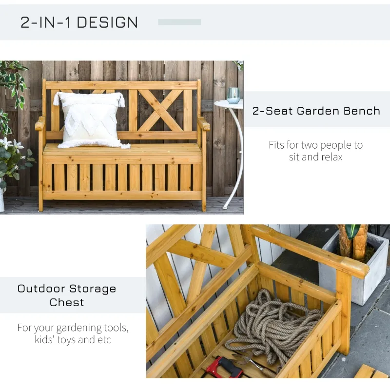 Outsunny Wooden Outdoor Storage Bench 2-Person Backyard Patio Bench with Louvered Side Panels & Wood Build, Yellow