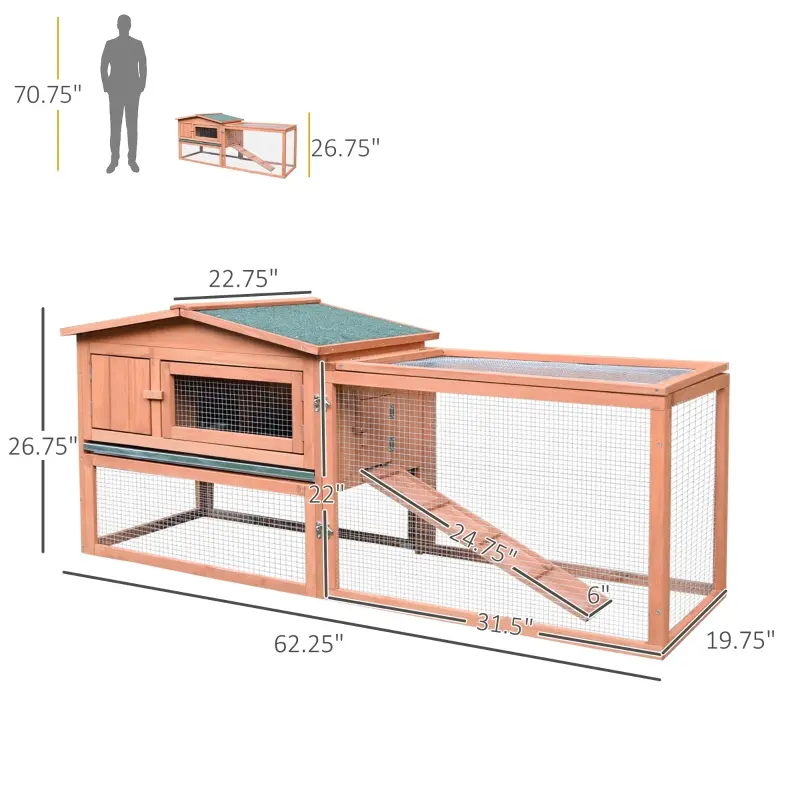 PawHut Rabbit Cage Outdoor, 62" Wooden Outdoor Rabbit Hutch, Small Animal Habitat with Detachable Run and Elevated Main House, Natural