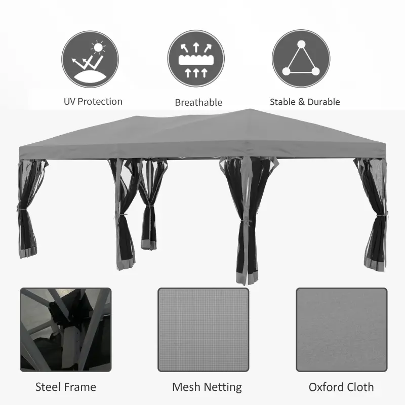 Outsunny 10'x19' Pop Up Party Tent Gazebo Wedding Canopy with 6 Removable Sidewalls, Grey