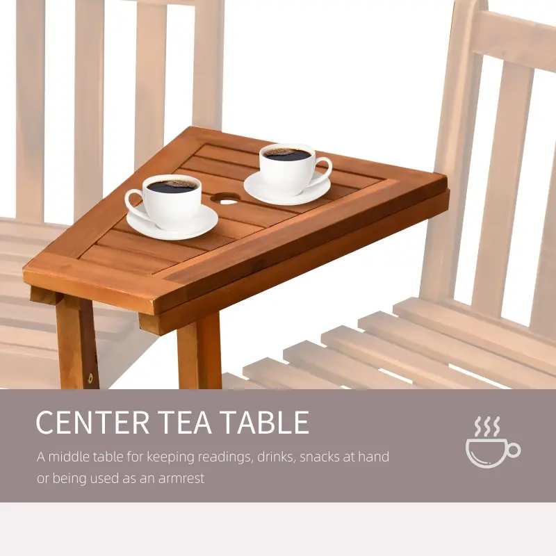 Outsunny Acacia Wood Outdoor Slatted Tete A Tete Bench Chair with Umbrella Hole