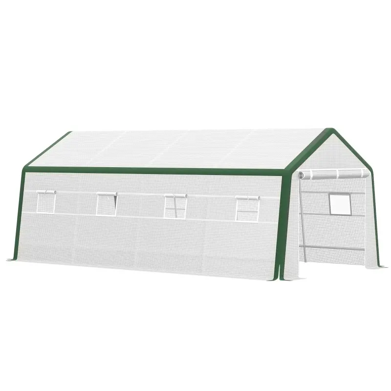 Outsunny 20' x 10' x 8' Heavy-duty Greenhouse, Walk-in Hot House with Windows and Roll Up Door, PE Cover, Steel Frame, White