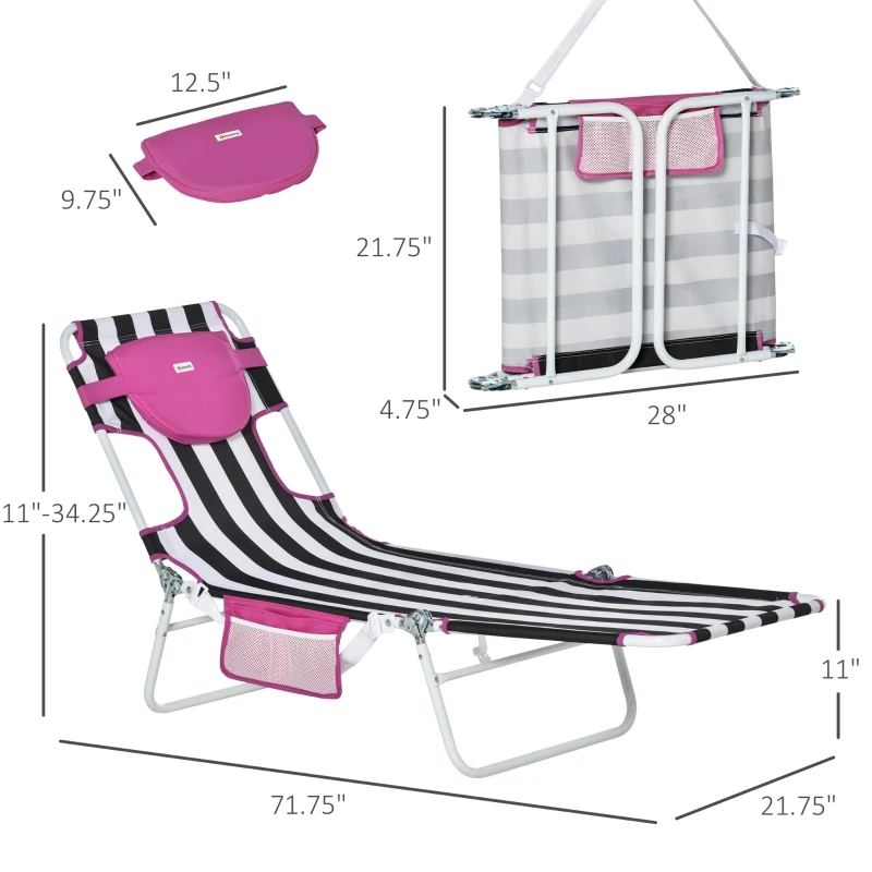Outsunny 2-Piece Foldable Sun Lounger Reclining Chair with 5-Level Adjustable Back, Pillow, Reading Hole, Side Pocket
