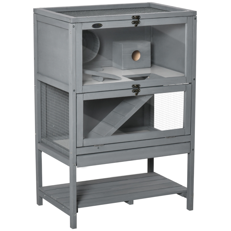 PawHut Wooden Hamster Cage, 2-Tier Small Animals Hutch, w/ Storage Shelf, Tray, Grey