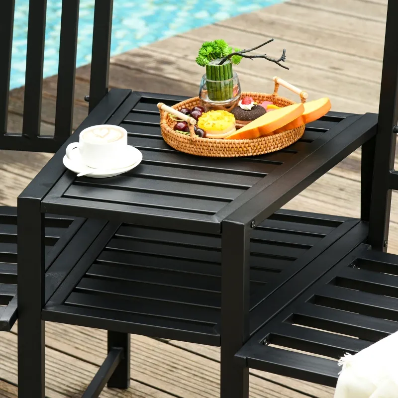 Outsunny Tete-a-Tete Garden Bench with Center Table, Metal Frame, Outdoor 2-Person Loveseat with Armrest for Patio Backyard Porch Black